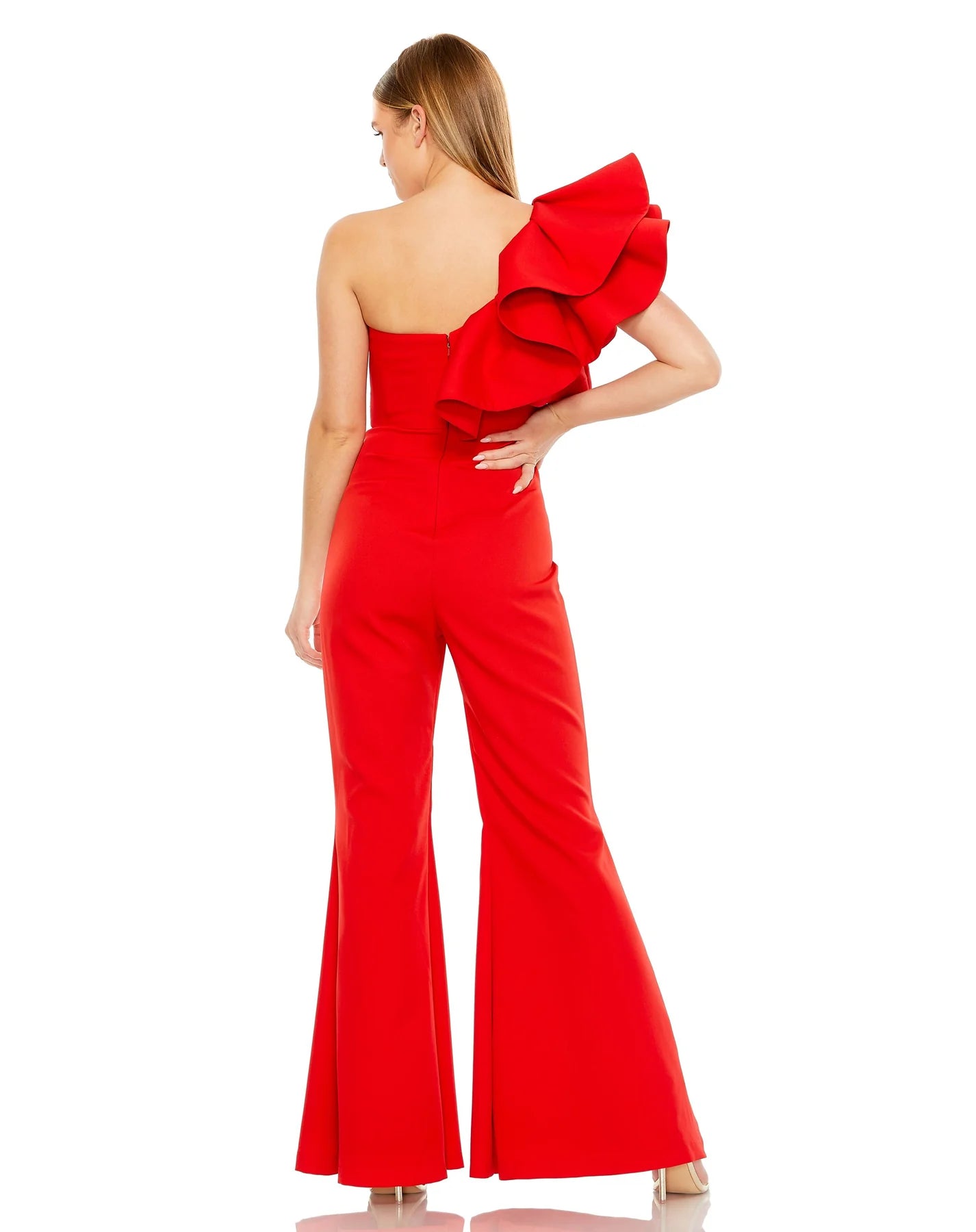 One Shoulder Ruffle Red Detail Flare Pant Jumpsuit