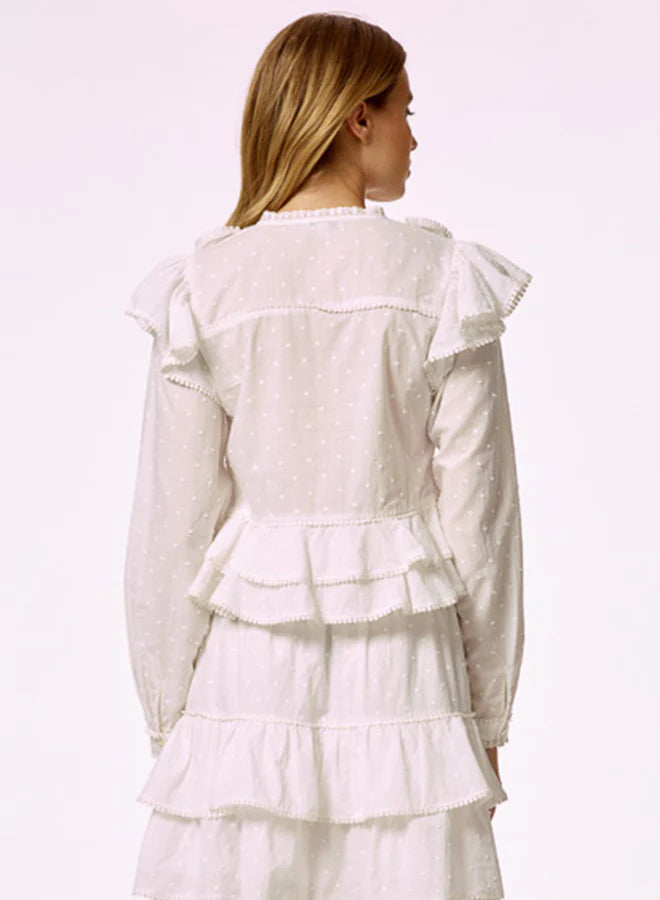 Dot Embroidery Cascade Ruffle Trim Top