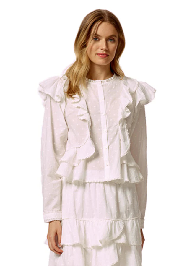 Dot Embroidery Cascade Ruffle Trim Top