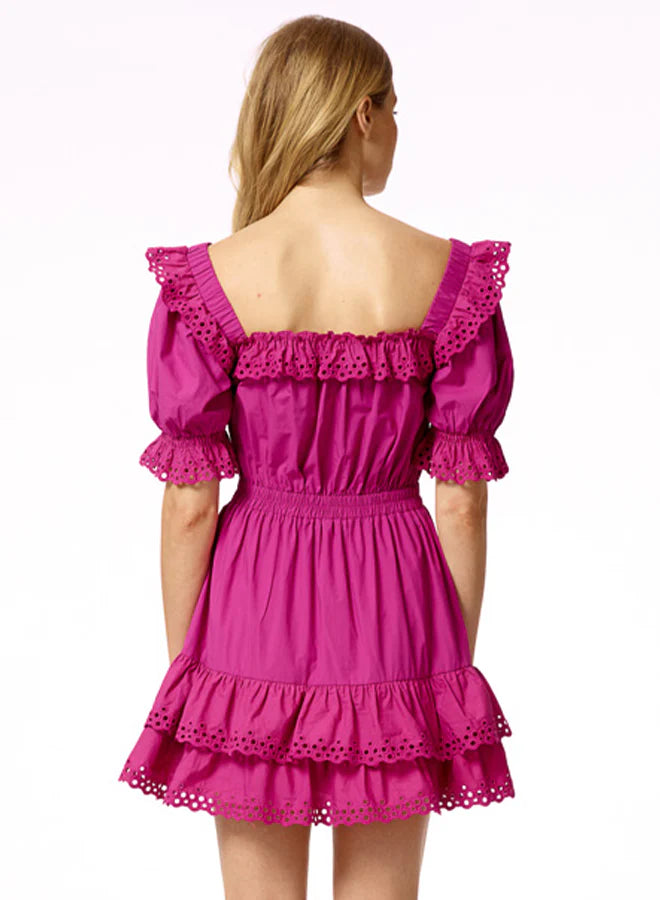 Eyelet Trimmed Puff Sleeve Mini Dress
