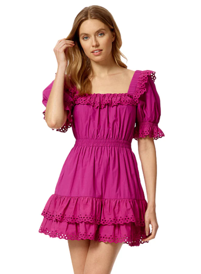 Eyelet Trimmed Puff Sleeve Mini Dress