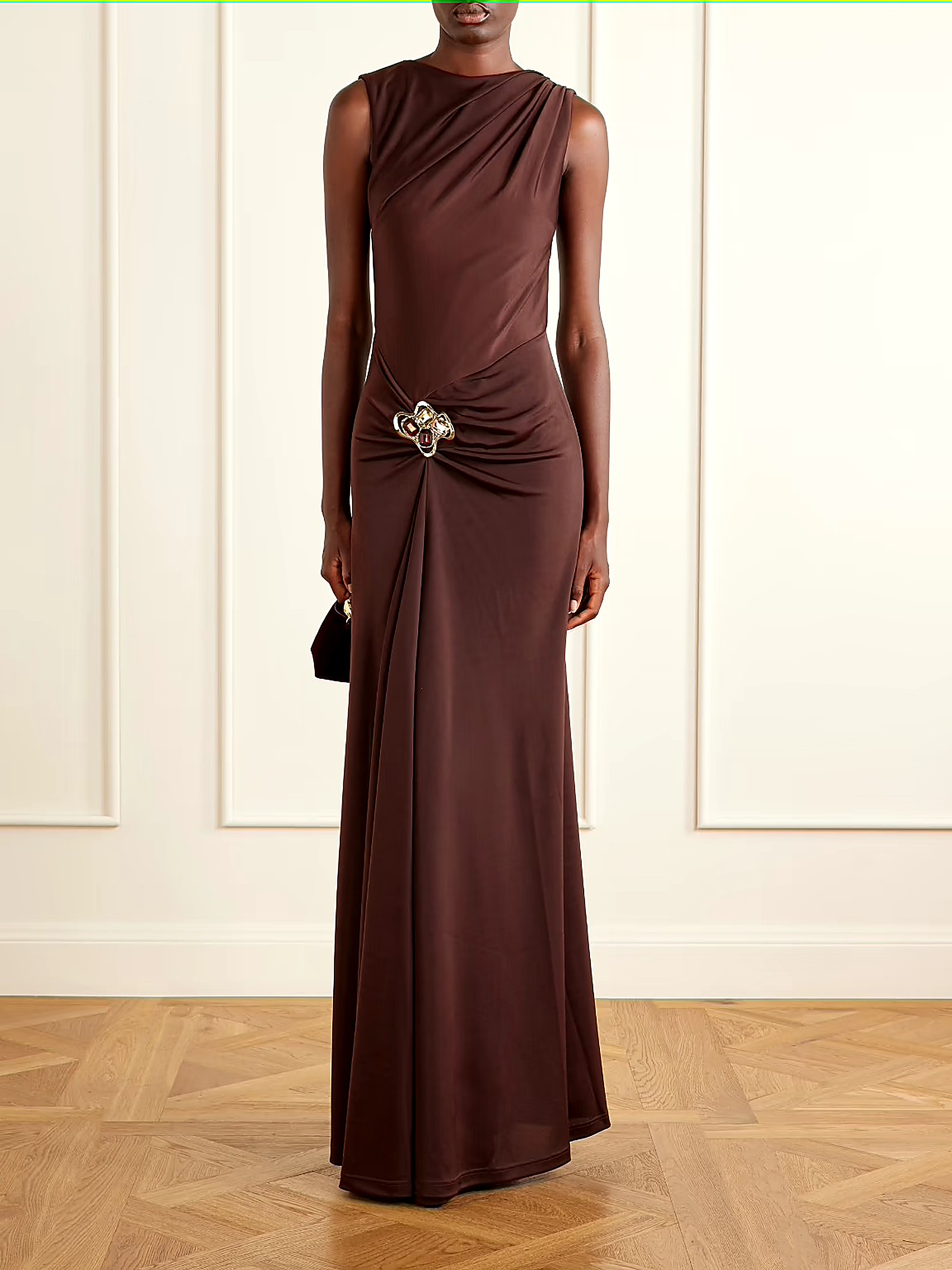 Hazine open-back Ruched Embellished Jersey gown