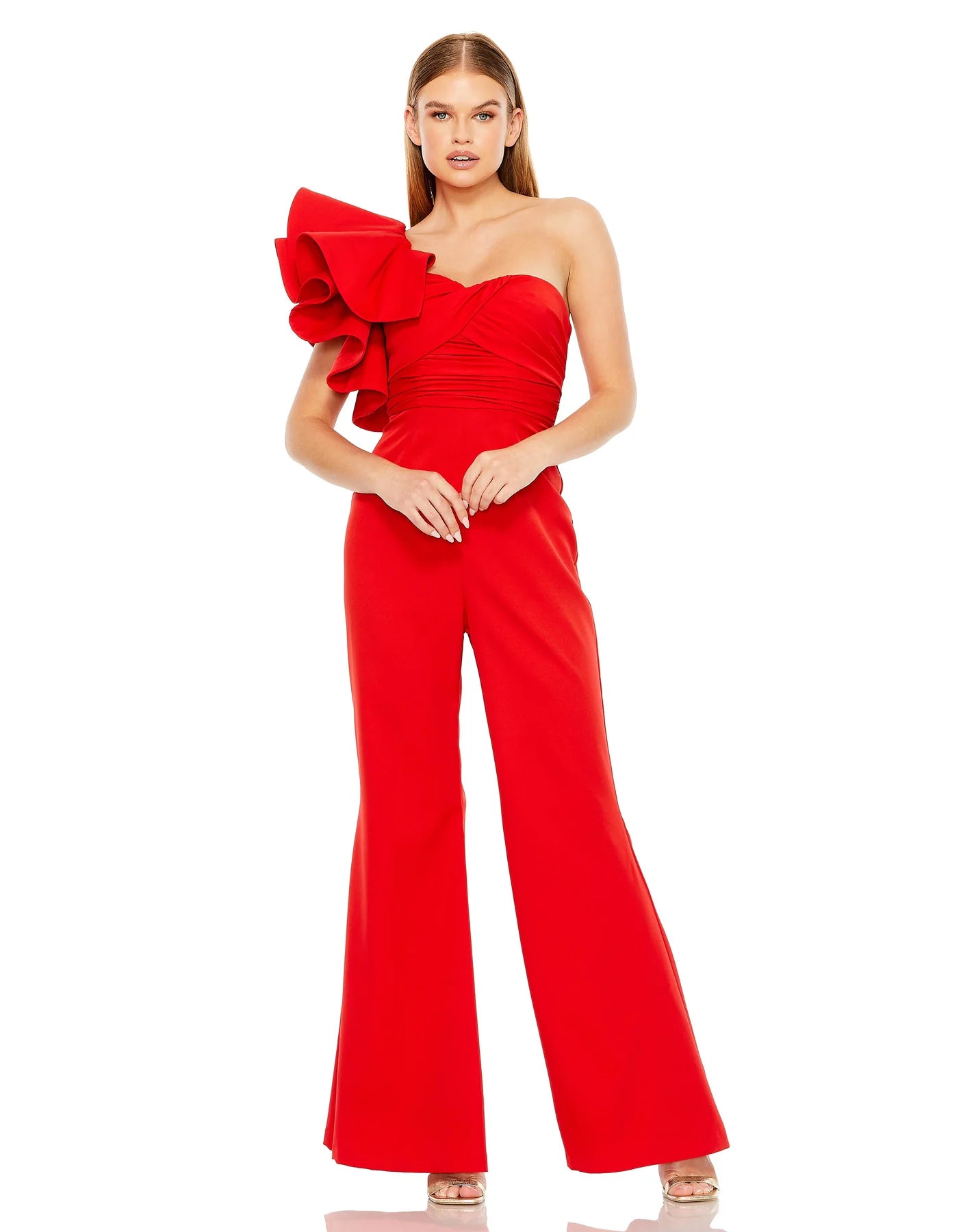One Shoulder Ruffle Red Detail Flare Pant Jumpsuit
