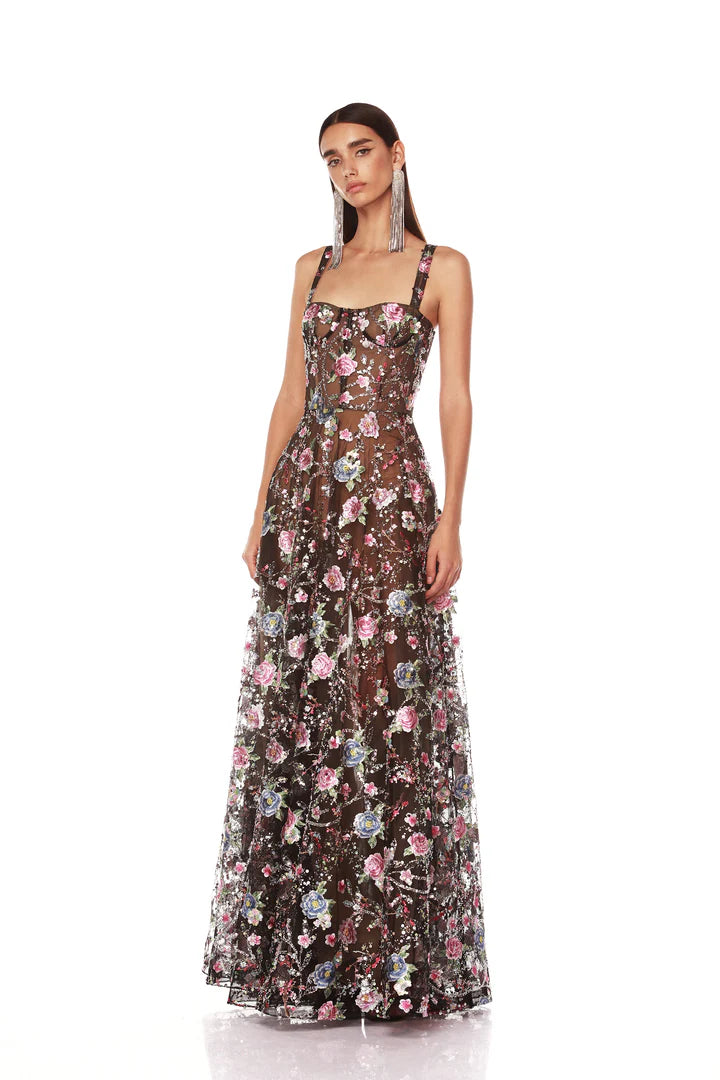Midnight Embroidered Floral Gown
